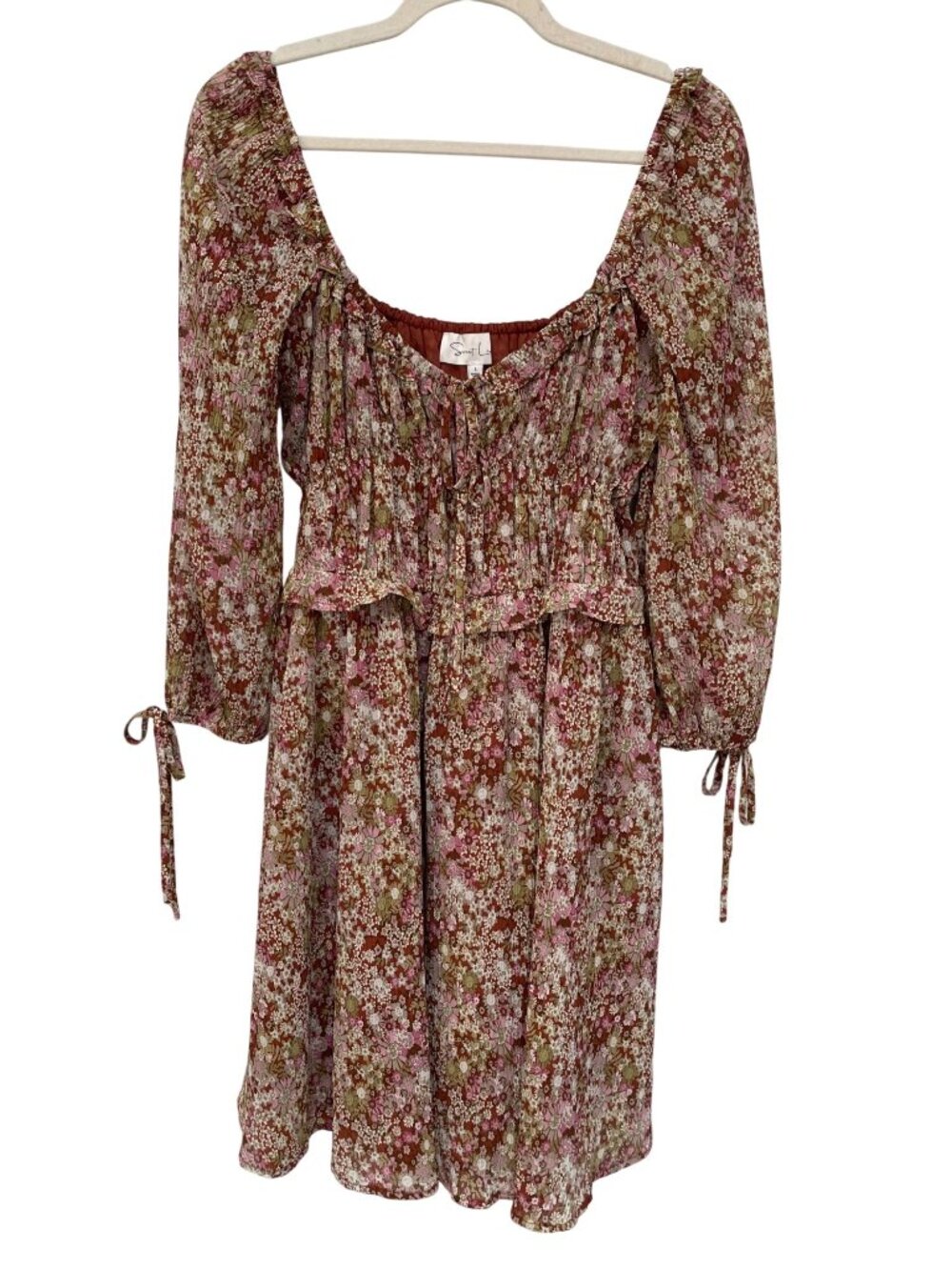 Sweet Lemon Boho Dress Large Floral Tie Neck 3/4 Balloon Sleeve Prairie Bohemian